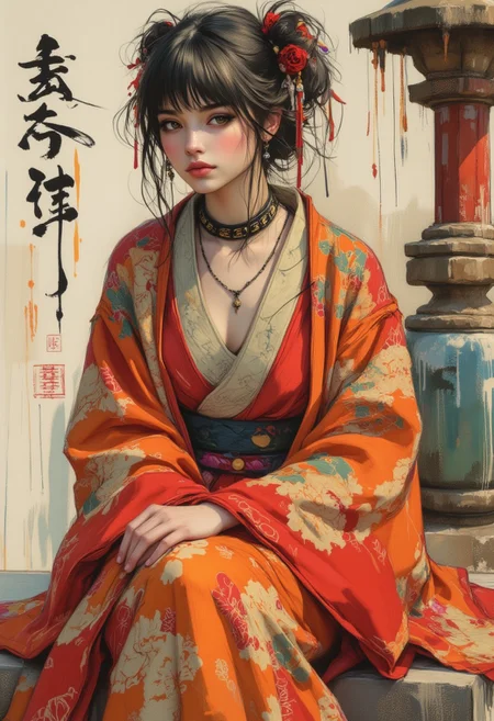 OBxiaoxiang, inksplash portrait of stunning oriental princess stting outside shinto shrine, long hair, sidelocks, bangs, hair ribbon,  earrings, necklace, choker, red and gold kimono, direct gaze, light hitting one side of face, gradient colour background, Japanese kanji