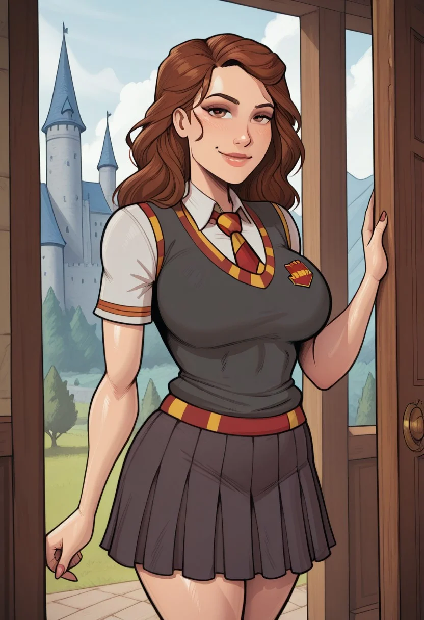 masterpiece, best quality, absurdres, perfect quality, absolutely eye-catching,
hermgiw, brown hair, brown eyes, gryffindor school uniform, blouse, vest, tie, pleated skirt
1 girl, cowboy shot, inside, castle
looking at viewer, smiling
devilhs