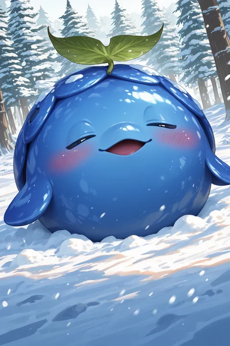 style parody, parody, oda_eiichirou, realistic shading, natural lighting, closed eyes, blueberry-creature focus, shy looking away, naughty expressive face, daberry, green_daberry_leaf on head, blue_daberry_hair, 1blueberry creature, pokemon (creature), blushing, shiny skin, blue penis, outdoors snow forest, pine tree, snowing, winter, snow, sunlight, fantasy, dynamic angle, motion lines, motion blur, speed blur, intricately detailed illustration, depth of field, masterpiece, best quality, amazing quality, very aesthetic, absurdres, newest