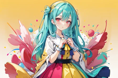 highly insanely detailed, masterpiece, top quality, best quality, highres, 4k, 8k, RAW photo, (very aesthetic, beautiful and aesthetic),  
(code_style,codestyle),(sympattern,geometric pattern), 
<lora:CodeStyle (half generic class)_564920:0.6>, 
(1girl:1.3), 1other, 
pure cyan background,pure yellow background,pure pink background,(dripping colors background,color splash background,colored confetti background),âââ