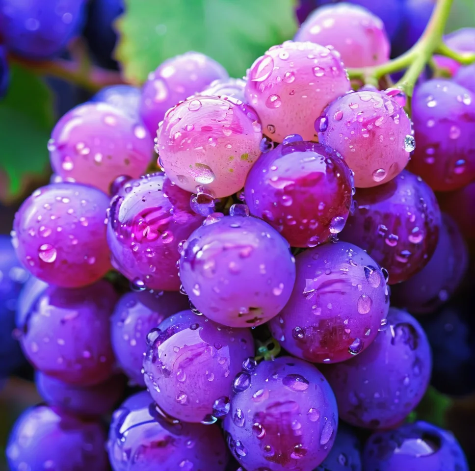 fruit photography,the image shows a bunch of purple grapes with water droplets glistening on them,set against a blurred background.,<lora:æ°´æ-000005:0.6>,