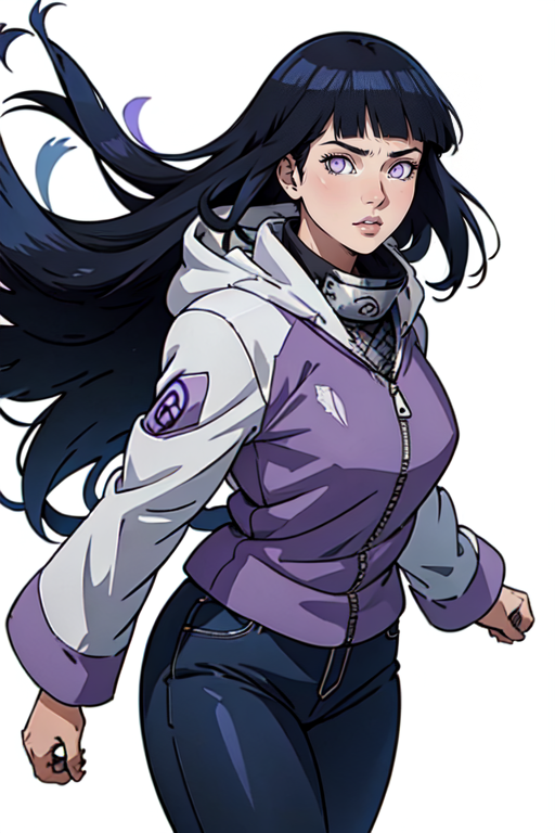 masterpiece,best quality,extreme detail,8k,white background,<lora:hinata:0.7>,hinata2,1girl,solo,long hair,looking at viewer,bangs,black hair,long sleeves,white background,very long hair,purple eyes,jacket,cowboy shot,parted lips,shiny,pants,hood,blunt bangs,shiny hair,floating hair,black pants,white jacket,hood down,hooded jacket,purple jacket,white eyes,forehead protector,konohagakure symbol,