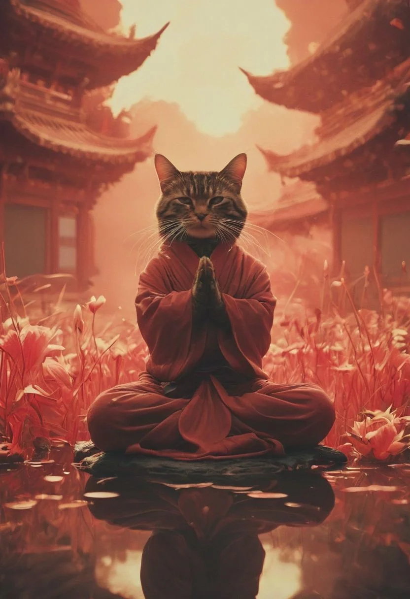Capturing serenity amidst boundless solitude: a powerful image of a fluffy ninja cat draped in flowing feudal garb, large sedge-hat, meditating in lotus position upon an endless, sunless expanse. As she hovers, an aura emanates from her, growing in intensity as it extends beyond her Till it explodes in the far, reminiscent of expanding ripples of sound. The neon hues of her aura paint the air, a vivid testament to her inner strength and focus.
creating a surreal normal scene with translucent DARK Red and beige details, colorful (polaroid:0.7) with vibrant colors, (vacations, high resolution:1.3), (small, selective focus, european film:1.2), closeup