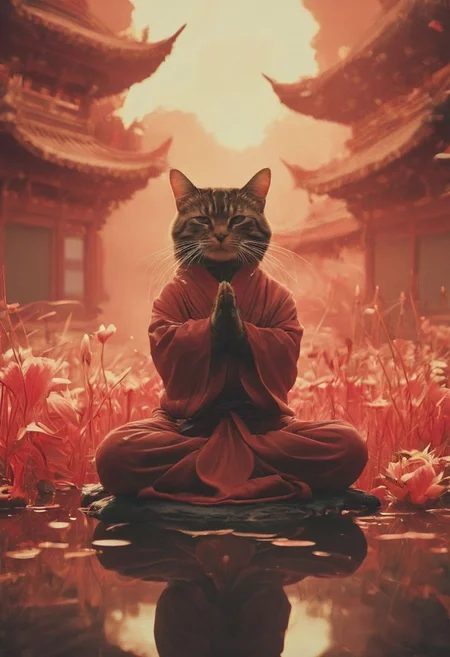 Capturing serenity amidst boundless solitude: a powerful image of a fluffy ninja cat draped in flowing feudal garb, large sedge-hat, meditating in lotus position upon an endless, sunless expanse. As she hovers, an aura emanates from her, growing in intensity as it extends beyond her Till it explodes in the far, reminiscent of expanding ripples of sound. The neon hues of her aura paint the air, a vivid testament to her inner strength and focus.
creating a surreal normal scene with translucent DARK Red and beige details, colorful (polaroid:0.7) with vibrant colors, (vacations, high resolution:1.3), (small, selective focus, european film:1.2), closeup