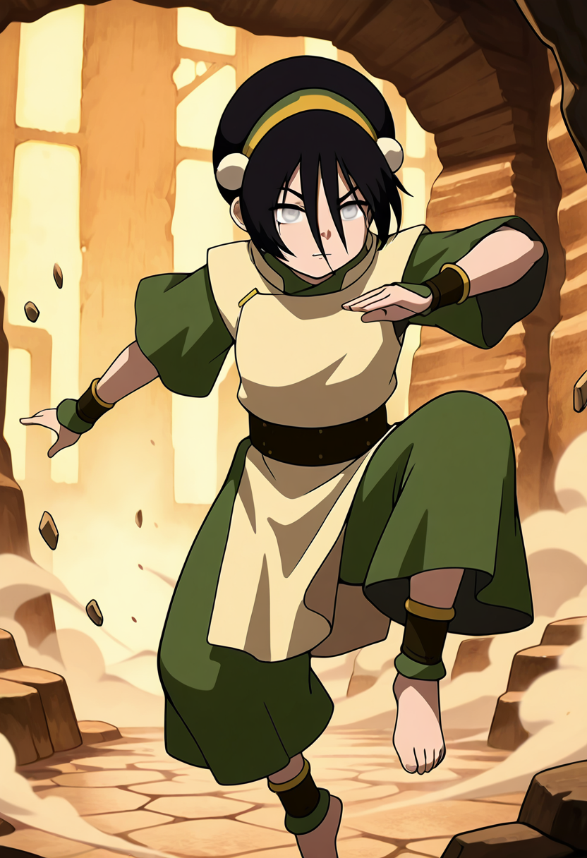 masterpiece, best quality, 1girl, solo,   zzToph, grey eyes, blind, short hair, black hair, hair between eyes, yellow hairband, green chinese clothes, wristbands, barefoot, martial arts, earthbending, rocks floating, dynamic pose, dust cloud, ruined arena, golden hour, intense expression  Toph stands firm at the center of a shattered arena, stone shards suspended in midair around her like orbiting moons. With one foot forward and hands raised, she reads the world through vibrations alone, her blind eyes glowing with fierce determination. The ground cracks beneath her power as she bends a wall of earth to shield against an unseen opponent. Shafts of golden sunlight pierce the dust swirling around her, illuminating her silhouette like a legendary figure of myth.     , <lora:TophAvatar_IXL:1.0>,
