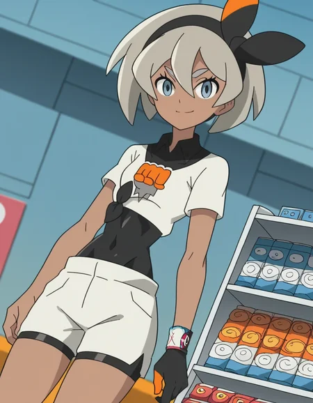 score_9, score_8_up, score_7_up, source_anime, <lora:pokemon-bea-anime-ponyxl-lora-nochekaiser:1>, pokemonbea, blue eyes, dark skin, dark-skinned female, grey hair, hair between eyes, short hair, ribbon, hair ribbon, hairband, black ribbon, black hairband,, bodysuit, covered navel, shorts, single glove, glove, crop top, white shirt, short sleeves, collar, white shorts,, music store, browsing records, headphones, vinyl collection, nostalgic, smile, looking at viewer, solo,, cowboy shot, dutch angle