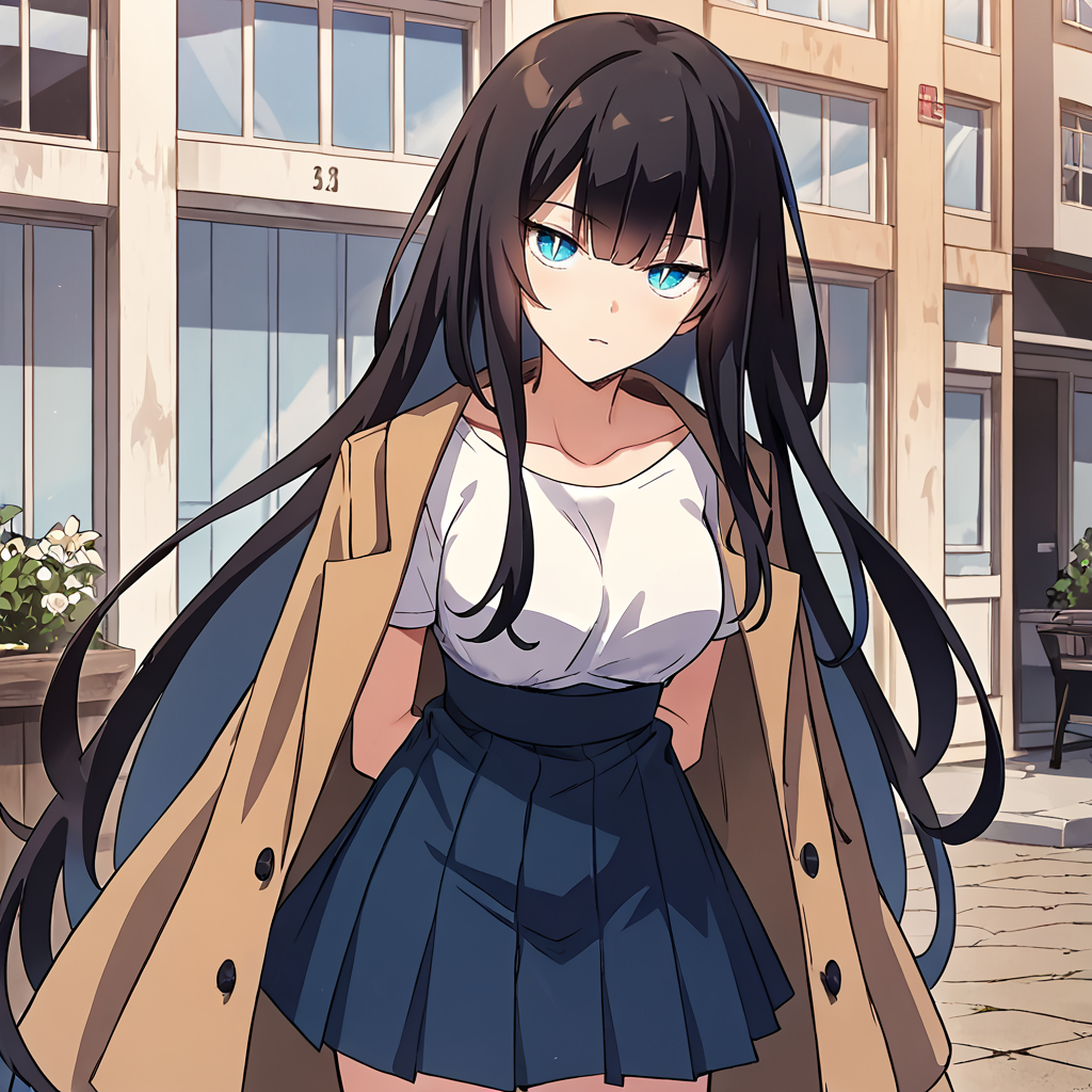 1girl, solo, joo so-yul, long hair, breasts, black hair, blue eyes, bangs, very long hair, slit pupils, white pupils, collarbone,  white t-shirt, blue skirt, jacket, coat, brown jacket, jacket on shoulders, bare arms, high-waist skirt, pleated skirt,  jewelry, bracelet, thighs, 
looking at viewer, leaning forward, arms behind back, head tilt,
score_9, score_8_up, score_7_up, masterpiece,zPDXL3, outdoors,
<lora:Joo_So-Yul_bluetheme:0.75>