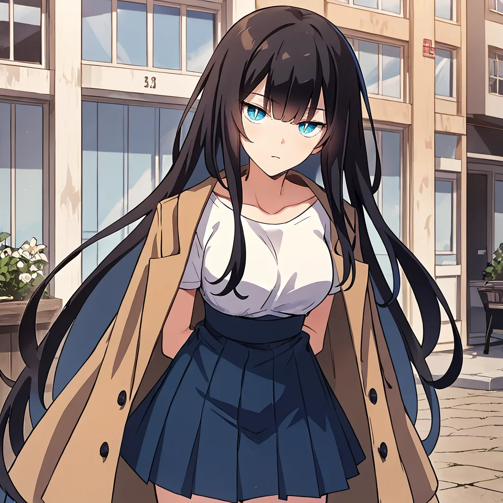 1girl, solo, joo so-yul, long hair, breasts, black hair, blue eyes, bangs, very long hair, slit pupils, white pupils, collarbone, white t-shirt, blue skirt, jacket, coat, brown jacket, jacket on shoulders, bare arms, high-waist skirt, pleated skirt, jewelry, bracelet, thighs,
looking at viewer, leaning forward, arms behind back, head tilt,
score_9, score_8_up, score_7_up, masterpiece,zPDXL3, outdoors,
<lora:Joo_So-Yul_bluetheme:0.75>