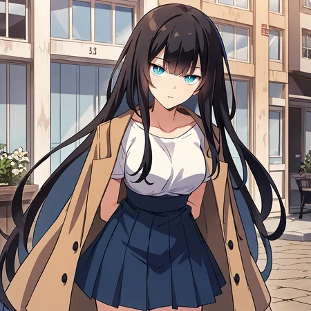 1girl, solo, joo so-yul, long hair, breasts, black hair, blue eyes, bangs, very long hair, slit pupils, white pupils, collarbone, white t-shirt, blue skirt, jacket, coat, brown jacket, jacket on shoulders, bare arms, high-waist skirt, pleated skirt, jewelry, bracelet, thighs,
looking at viewer, leaning forward, arms behind back, head tilt,
score_9, score_8_up, score_7_up, masterpiece,zPDXL3, outdoors,
<lora:Joo_So-Yul_bluetheme:0.75>