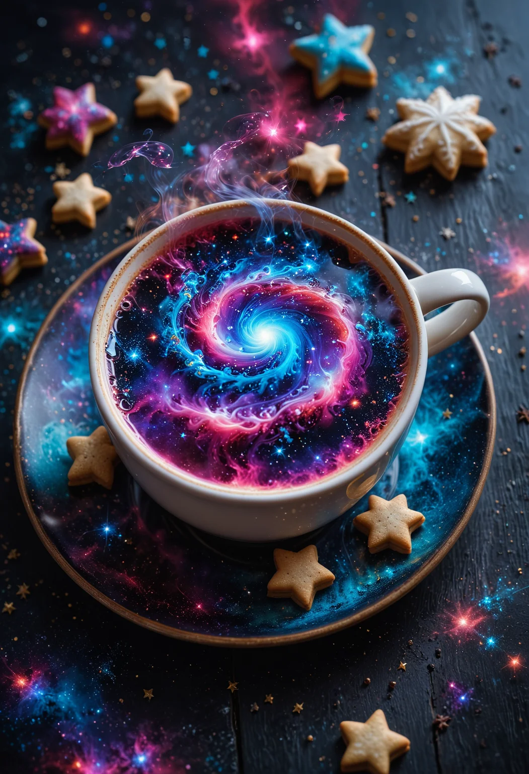 enchanting scene, a steaming cup of coffee, the liquid within the cup forms a swirling cosmic galaxy, The coffee surface is a mesmerizing mix of deep purples and blues and pinks dotted with stars and nebulae, fit the vastness of space inside the cup, The cup rests on a saucer that reflects the celestial patterns, surrounded by tiny star-shaped cookies and cosmic-themed decorations, The atmosphere is magical and dreamy, <lora:MJ52:0.3>, <lora:SDXLFaeTastic2400:0.4>, <lora:EpicF4nta5yXL:0.7>