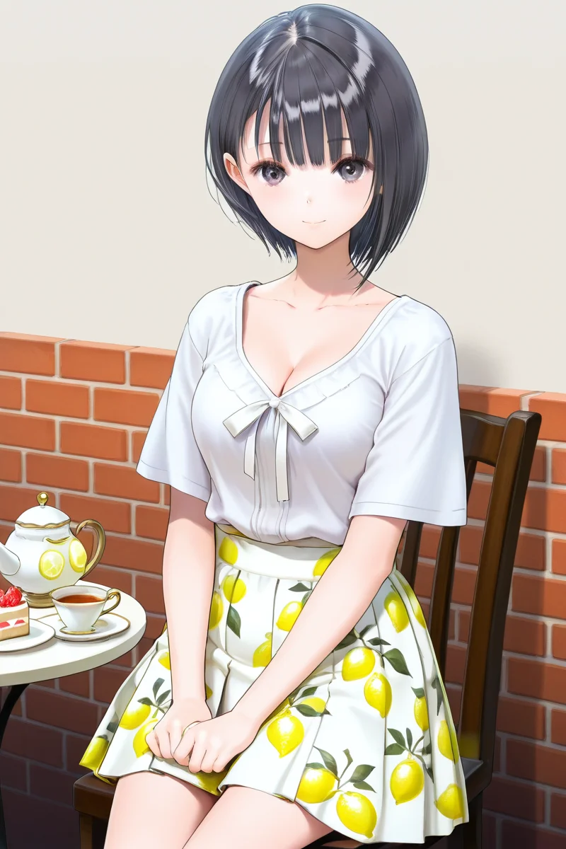 <lora:Shirai_Hinako_Blue_Reflection_illus:1>Shirai Hinako, lemon print skirt, casual outfit, 1girl, solo, looking at viewer, short hair, bangs, skirt, shirt, black hair, cafe background, closed mouth, sitting on the chair, table with sponge cake teapot and cup of tea, collarbone, white shirt, short sleeves, cowboy shot, medium pleated skirt, food, black eyes, gradient, fruit, bob cut, white skirt, lemon print skirt, anime color, cleavage, seductive smile, young-adult, <lora:Add_more_details_pony:0.8> brick wall,