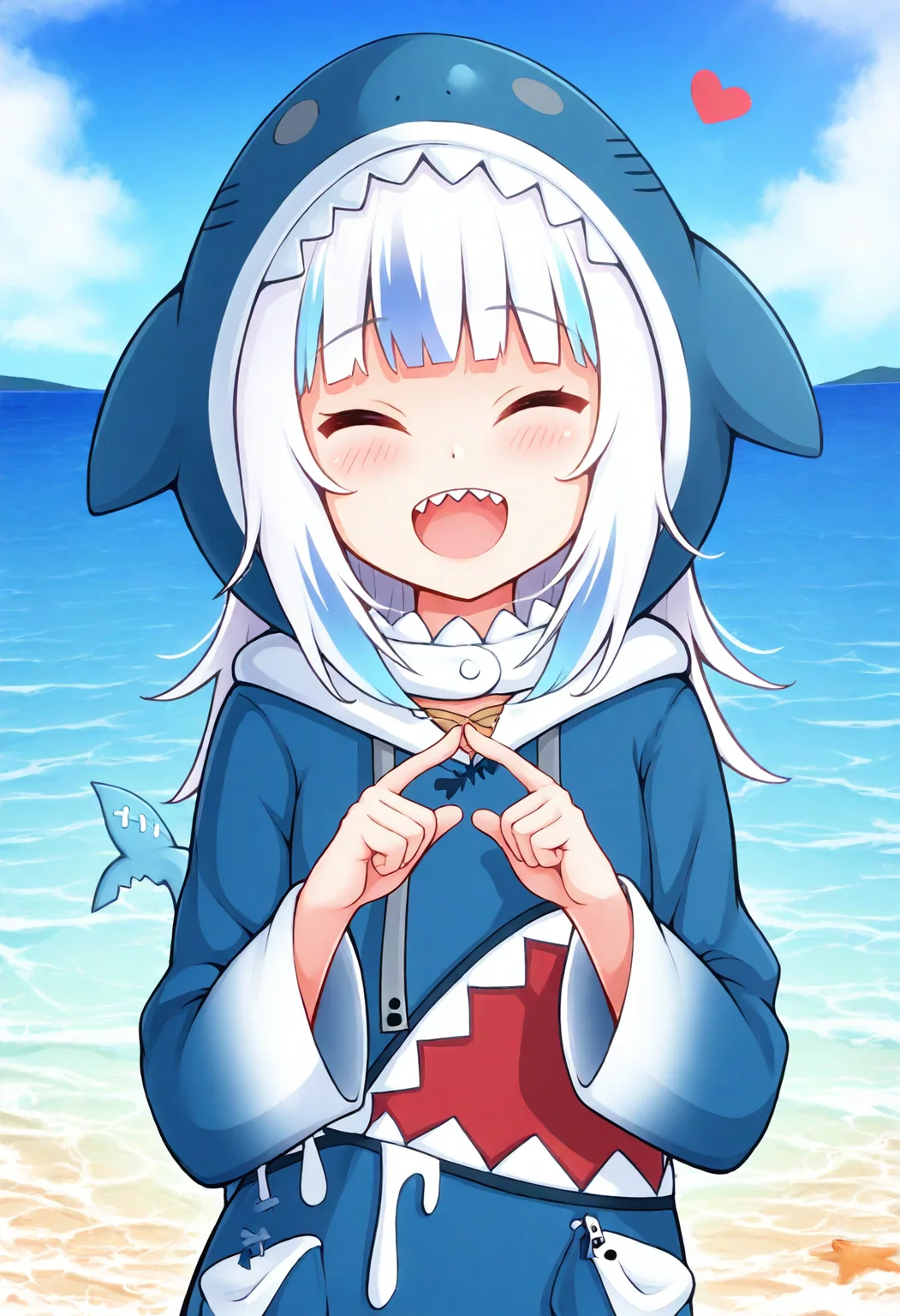 masterpiece, best quality,
gawr gura, gawr gura 1st costume, blue hoodie, hood up, fins, fish tail, medium hair, white hair, sharp teeth, shark tail, 1girl, :d, ^ ^, ahoge, blush, closed eyes, heart, heart hair ornament, index fingers together, open mouth, smile, solo, teeth, upper teeth only, virtual youtuber, outdoors, sea, water
<lora:merrytail_illust_v1:1>
