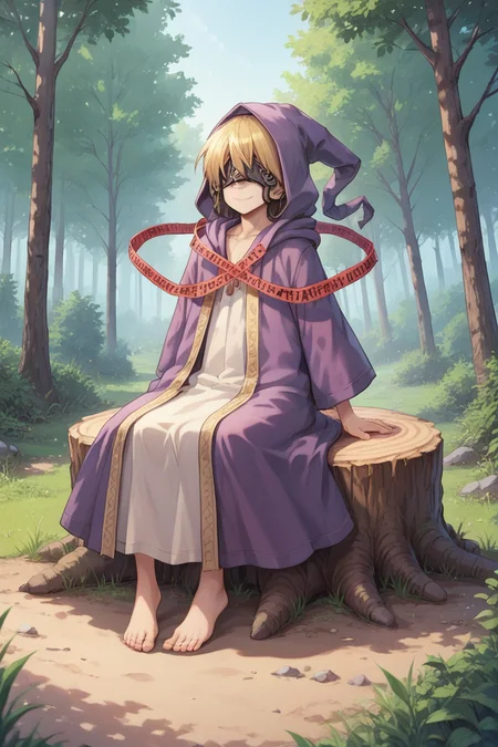 (score_9, score_8_up, score_7_up, score_6_up), source anime, BREAK, solo, <lora:Nessiah-000013:0.50> , nesdef, 1boy, blonde hair, mask, covered eyes, hooded robe, hood up, robe, purple robe, caution tape, red caution tape, chain, cuffs, exterior, forest, trees, fortress, castle, full body, (sitting on stump), (hands behind back), smile, closed mouth, <lora:zy_Detailed_Backgrounds_v1:0.5> , detailed background, highly detailed, <lora:backgroundsetXL:0.4> , background, <lora:m4gXLP:0.6> , m4g,