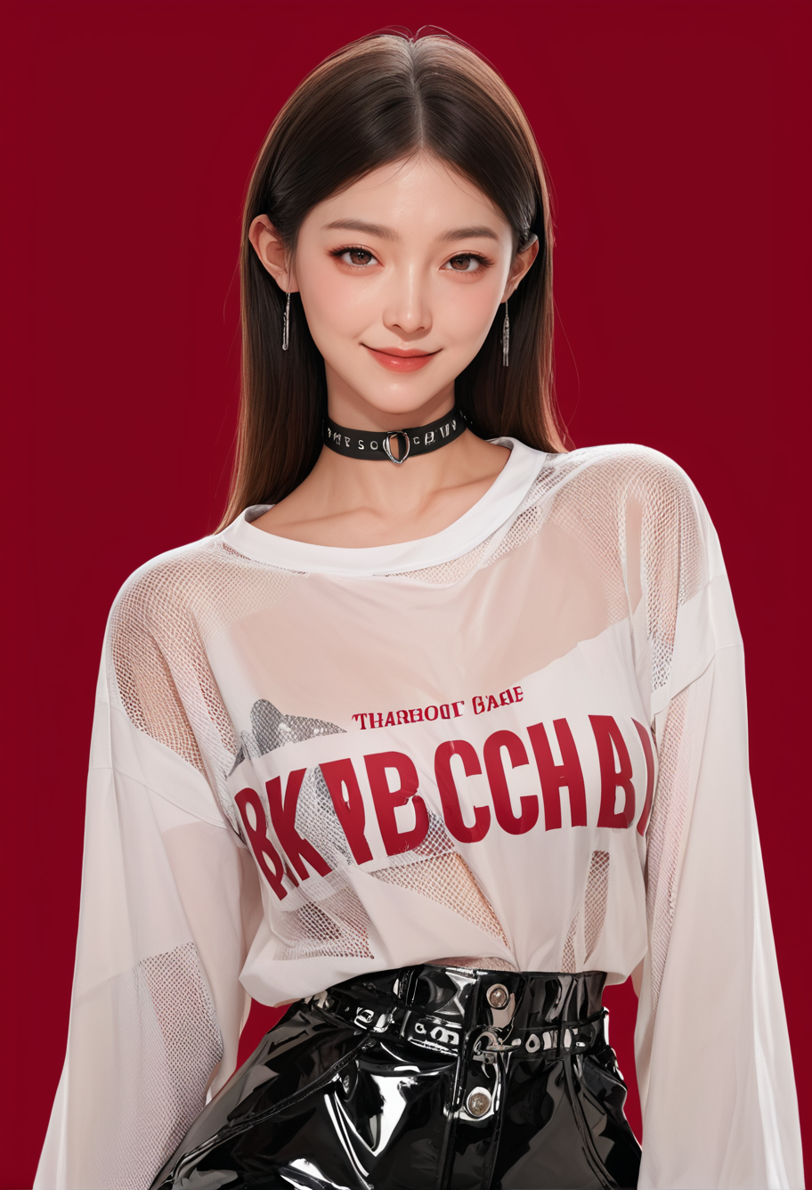 1girl,red background,,ruanyi1006,choker,english text,fashion,fishnets,shirt,see-through,<lora:1006 Home wear 28_v1_pony:1>, score_9, score_8_up, score_7_up, score_6_up, score_9, score_8_up, score_7_up, score_6_up source_anime, blush, 1girl, seduce smile, perfect body , natural huge breasts