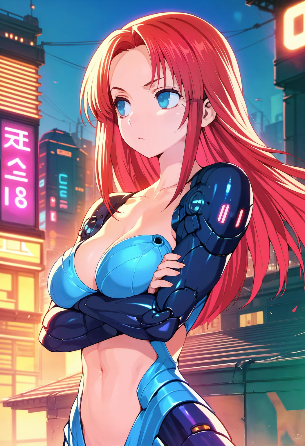 score_9,score_8_up,score_7_up,score_6_up,source_anime,<lora:Cool_Rance_Hadrian:1>,close-up,1girl,standing,from side,on roof,upper body,looking away,large breasts,red hair,blue eyes,cleavage,mechanical dress,mechanical parts,crossed arms,cyberpunk city,night,neon lights,neon trim,collarbone,navel,