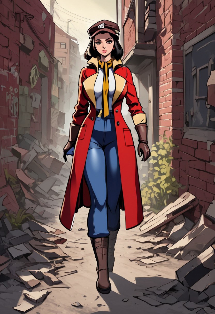 FalloutCinematic, fallout piper, CXL-Mech, red jacket, hat, press cap, breasts exposed, torn stockings, walking down alley, cautious pose, high heels, vintage photo, investigator photo, score_9, score_8_up, score_7_up, anime, cartoon, detailed, high_resolution, hd quality