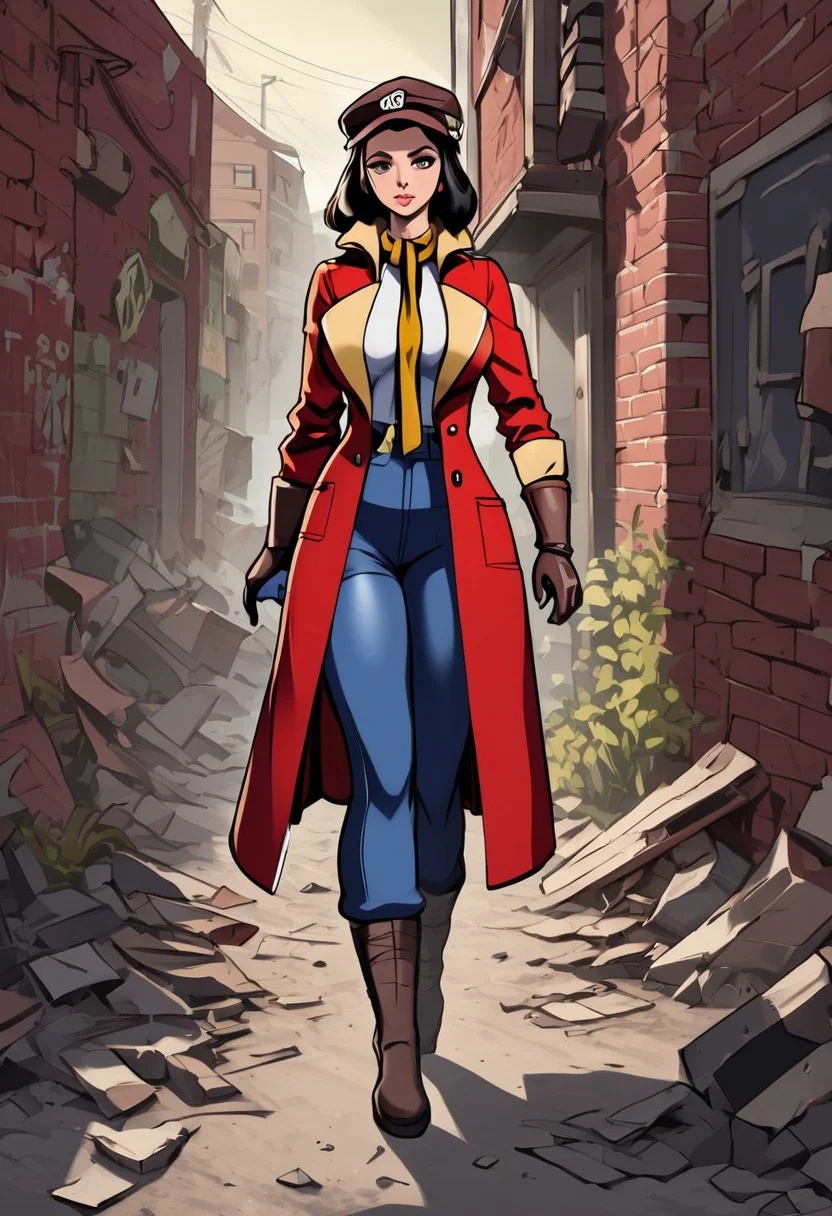 FalloutCinematic, fallout piper, CXL-Mech, red jacket, hat, press cap, breasts exposed, torn stockings, walking down alley, cautious pose, high heels, vintage photo, investigator photo, score_9, score_8_up, score_7_up, anime, cartoon, detailed, high_resolution, hd quality
