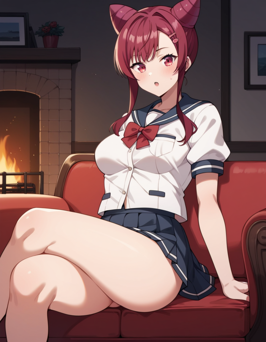 score_9, score_8_up, score_7_up, source_anime, uncensored, <lora:StS_detail_slider_v1:3>, zPDXLxxx, <lora:Asaka_Mayama_PONYXL_VexVexX:1>, AsakaMayama, 1girl, red eyes, red hair, hair bun, double bun, cone hair bun, sidelocks, bangs, hair ornament, hairclip, medium breasts, school uniform, serafuku, white shirt, pleated skirt, red bowtie, cowboy shot, indoors, from back, Sit or recline near a fireplace, thighs, looking at viewer