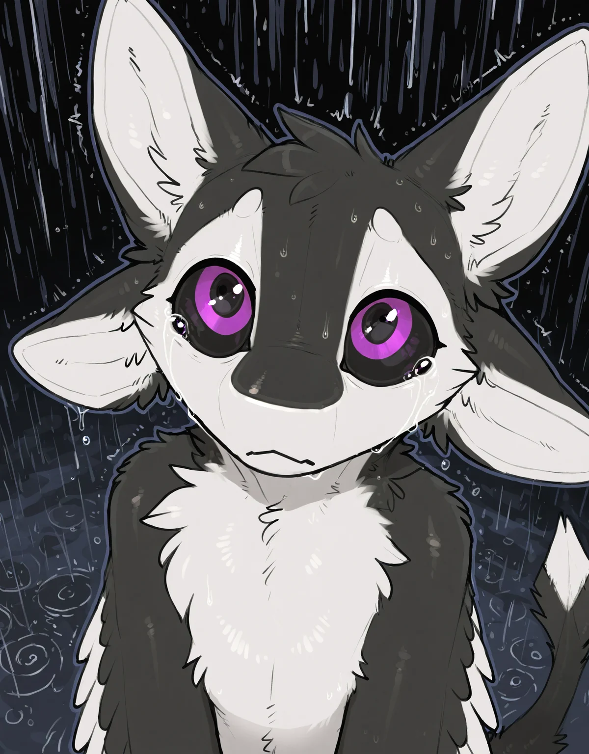 masterpiece, best quality, newest,
(avali), avian, dacad, wetchop, manmosu marimo, r3drunner, photonoko, trigaroo, by snowskau, illioma, inno-sjoa, dimwitdog, syuro, by laser \(artist\), photonoko, trigaroo, newest, purple eyes, black sclera, (4 ears), (solo), tuft, white body, white feathers, white fur, countershading, countershade face, black body, black fur, feathers, fur, multi ear, white inner ear fluff, wings, winged arms, feathered wings, tail,
noisy, static noise, glitch, looking at viewer, stare, half-length portrait, sad, calm, depression, pressure, rain, looking up, high-angle view, tears,
<lora:fenrir_noobai_1.0_2.32aw_10k:1>, f3nr1r