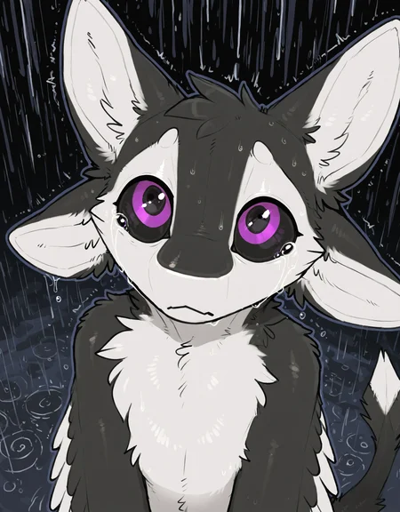 masterpiece, best quality, newest,
(avali), avian, dacad, wetchop, manmosu marimo, r3drunner, photonoko, trigaroo, by snowskau, illioma, inno-sjoa, dimwitdog, syuro, by laser \(artist\), photonoko, trigaroo, newest, purple eyes, black sclera, (4 ears), (solo), tuft, white body, white feathers, white fur, countershading, countershade face, black body, black fur, feathers, fur, multi ear, white inner ear fluff, wings, winged arms, feathered wings, tail,
noisy, static noise, glitch, looking at viewer, stare, half-length portrait, sad, calm, depression, pressure, rain, looking up, high-angle view, tears,
<lora:fenrir_noobai_1.0_2.32aw_10k:1>, f3nr1r