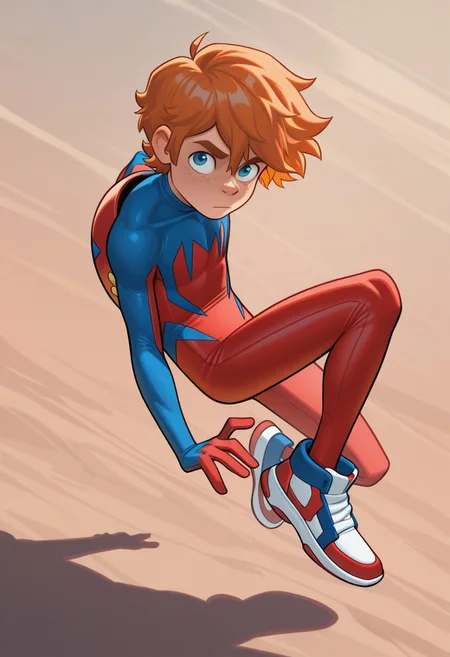 1boy, male focus, cute boy, BaileyBriggs, maskless, Orange Hair, Blue Eyes, Freckles, Spiderboy Costume, Two-tone Bodysuit, Red Bodysuit, Blue Bodysuit, Red Blue Sneakers, cinematic, intricately detailed illustration, depth of field, masterpiece, best quality, amazing quality, very aesthetic, absurdres, newest, very awa, shadow, dynamic angle, casual cosplay, dynamic pose,  action pose,