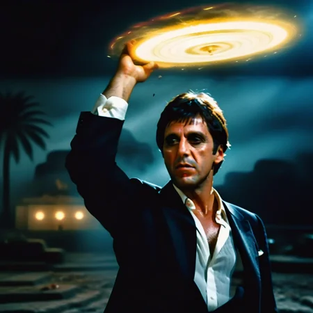 Ultra-realistic extremely detailed real life 8k masterpiece of a man 80s scarface arms raised up holding a giant sharp ((destructo disk)) in palm over head in a battle at night, dragonball action, extremely detailed facial features, dark scary epic lighting, horror composition <lora:destructo disk:0.6> <lora:80s scarface:0.7>