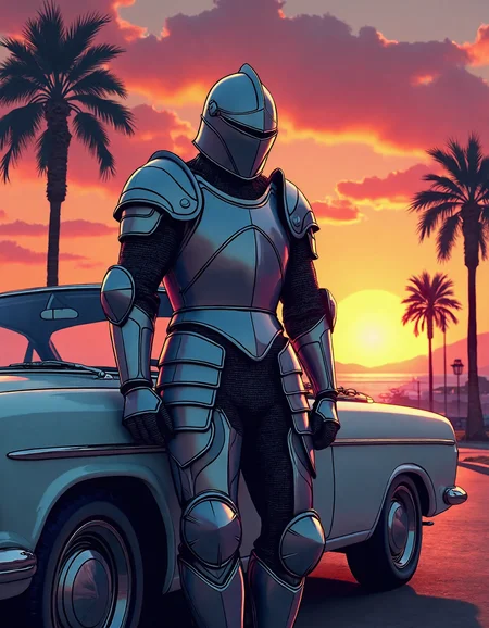 Image in the style of iconic Grand Theft Auto V loading screen, featuring a medieval armored knight as the main character, leaning against a classic car with sunset over palm trees. Overall image should give impression of professional artwork full of vibrant colors, perfect light and thick outlines, embodying the essence of GTA's thematic imagery.