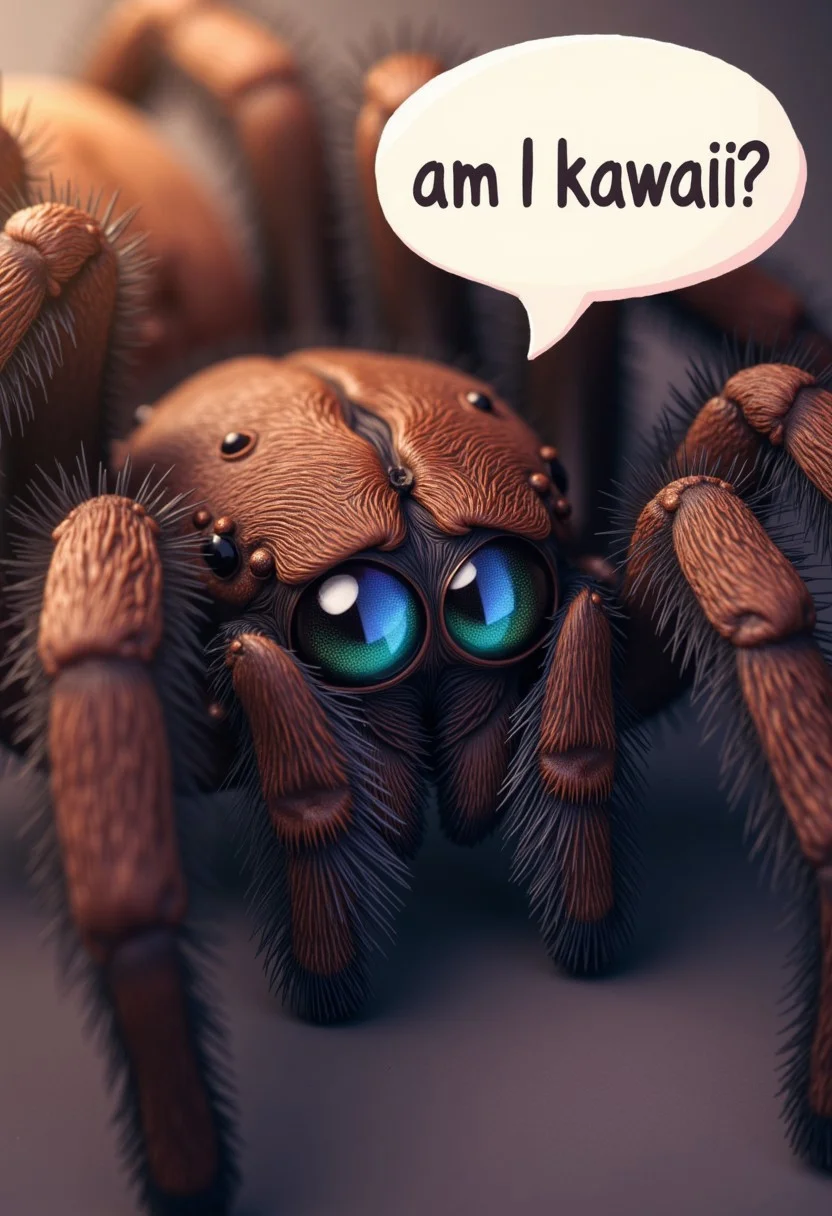 a close-up image of a tarantula, the image shows intricate detail of the tarantula with anime-style eyes. Speech bubble: "am I kawaii?"