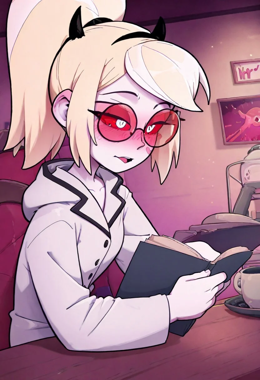 masterpiece, best quality, newest, absurdres, highres, HB-Style-V1.0, official style,
1girl, HHOVP-ODC.V1.0, blonde hair, white skin, red-tinted eyewear, glasses, red sclera, red-tinnted colored sclera, white eyes, high ponytail, red glasses, hairband, hairband with horns, tied hair,