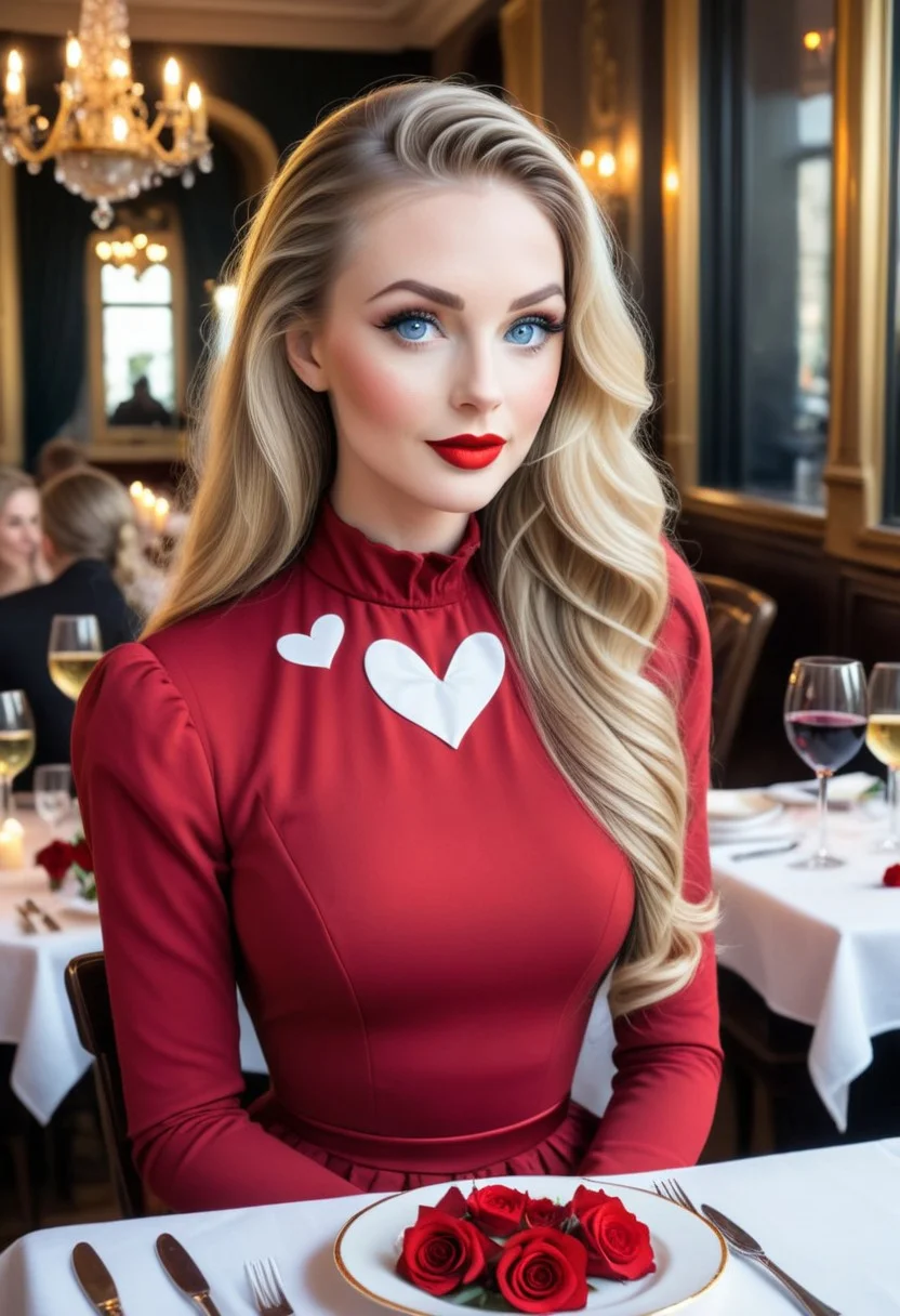 Realism_Quality_2xx_By_Stable_Yogi, 1girl, long wavy hair, blonde hair, blue eyes, gentle smile, long eyelashes, eyeliner, red lips, makeup,ValentinesDateSDXL, red dress, date_pov, across table, sitting, valentine, roses, wine, diner, night, candles, (romantic:1.4), (floating hearts:2.1), fully dressed, closed dress, high collar dress, Victorian dress, Victorian style, Victorian age.