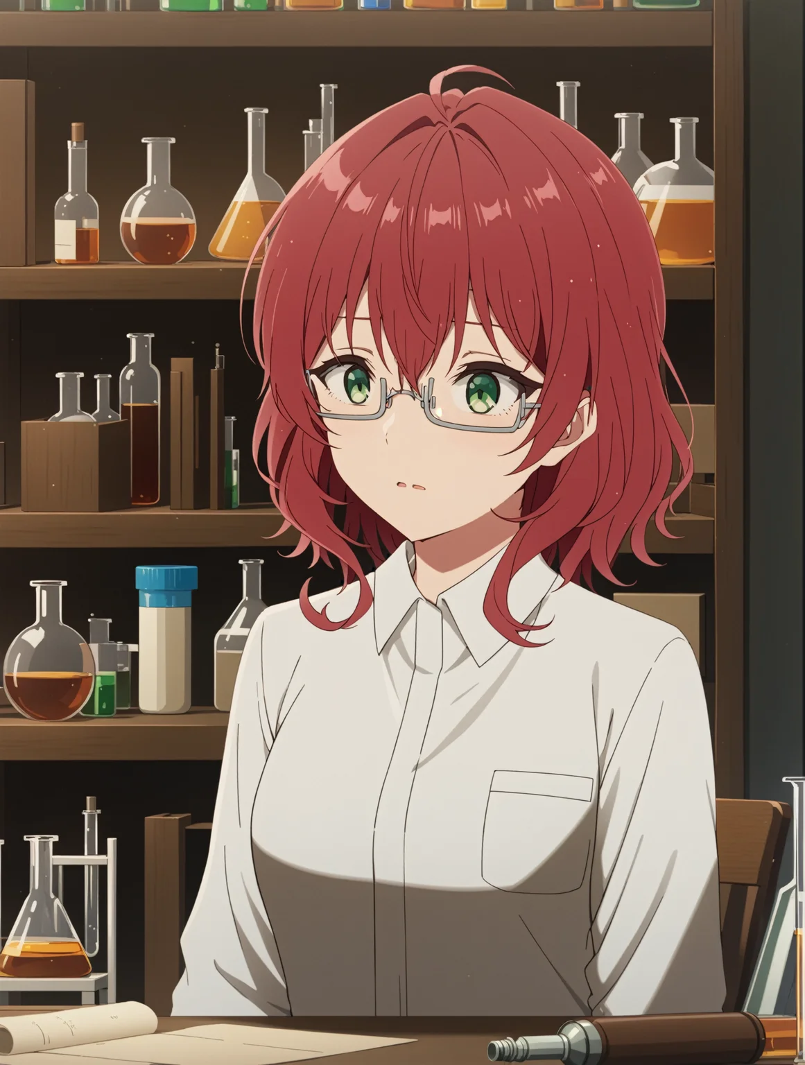 masterpiece, best quality,
1girl,solo,
<lora:dahlia.sdxl.v2:0.9> dahlia, red hair, green eyes, grey glasses,
teenager,white shirt, collared shirt,
laboratory, flask, bottle, desk, table,shelf,
worried,