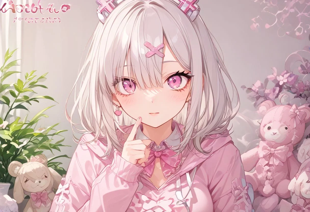 wearing pink bow tie and cute hoodie holding a hello kitty plushie