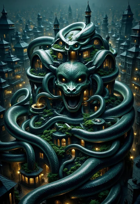 sn4k3, aidmamj6.1, mythp0rt, anime, cyberpunk, Design a surreal, haunting district entirely themed around snakes, with a central house constructed entirely from a massive snake skeleton. The house's structure is intricately detailed, with rib bones forming arches, vertebrae creating support beams, and the skull serving as a dramatic entrance. The district surrounding the house is filled with snake-inspired architecture—buildings shaped like coiled serpents, streets lined with snake-scale patterns, and glowing lanterns resembling snake eyes. The atmosphere is dark yet mesmerizing, with a mix of organic and skeletal elements. The color palette is muted, with hints of iridescent greens and silvers, evoking a mysterious, otherworldly vibe. The scene feels alive, as if the district itself is breathing with the spirit of snakes.