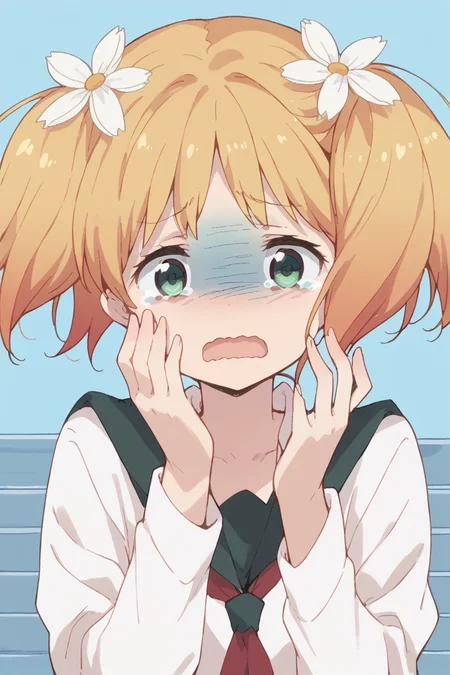 score_9, score_8_up, score_7_up, score_6_up,
<lora:Yuu_Sonoda:1> yuu, 1girl, hair flower, flower, hair ornament, solo, twintails, green eyes, blonde hair, open mouth, tears, wavy mouth, parody, school uniform, short hair, shaded face