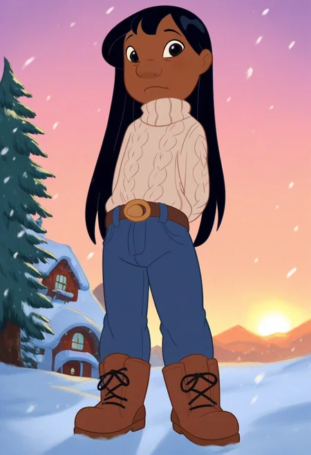 (score_9, score_8_up, score_7_up)(5 fingers,detailed hands:1)
(masterpiece, best quality, very high quality, ultra detailed: 1.2)
(2D,show accurate)(solo,alone,one character)
(front,full body view)(focus on face)
(outdoors,snow,forest,behind a wooden house,sunset,snowing) (sunlight, depth_of_field)
(arms behind back,looking at viewer,blowing air,steamy mouth)
(turtleneck puffed sweater,leather belt,blue pants,boots)
(lilo_pelekai:1)( dark skin, black hair, long hair, black eyes)
