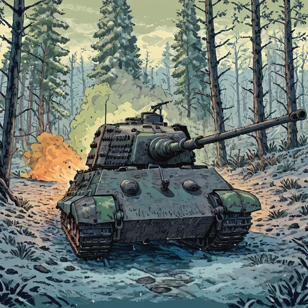 a kngtgrtnk tank is crossing a steam in winter in a frozen forest, ((pulp_comic, heavy_lines, hand_drawn, hand_inked, hand_colored, apxlz))