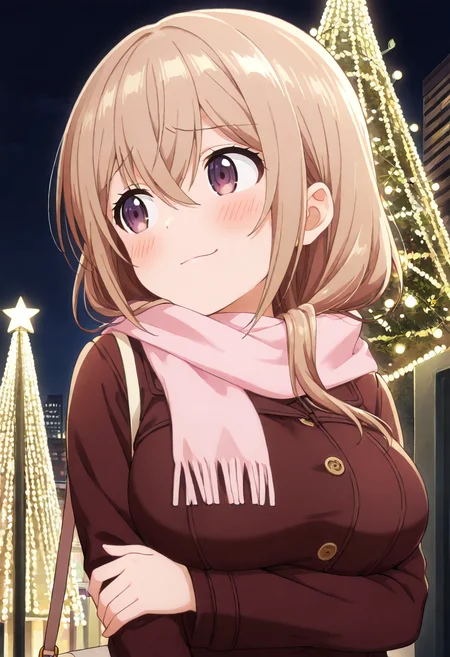 masterpiece, best quality, absurdres, very aesthetic, general,
katase shiori, 1girl, solo, pink scarf, purple eyes, hair between eyes, closed mouth, eyebrows visible through hair, long sleeves, upper body, smile, shoulder bag, long hair, brown coat, brown hair, chin stroking, handbag, hand on own chin, blush, frown, fringe trim, brown jacket, hand up, light brown hair, looking away, arm under breasts, looking to the side, hand on own elbow, blonde hair, brown eyes, crossed arms, hand on own face, medium hair, grey hair, large breasts, winter clothes, hand on own arm, hair over shoulder, outdoors, night, night sky, christmas lights, buttons, breast hold, holding own arm, sidelocks, head rest, shiny hair, standing, furrowed brow, stroking own chin, crossed bangs 
<lora:katase_shiori_illustXL_locon_v1:0.7>
