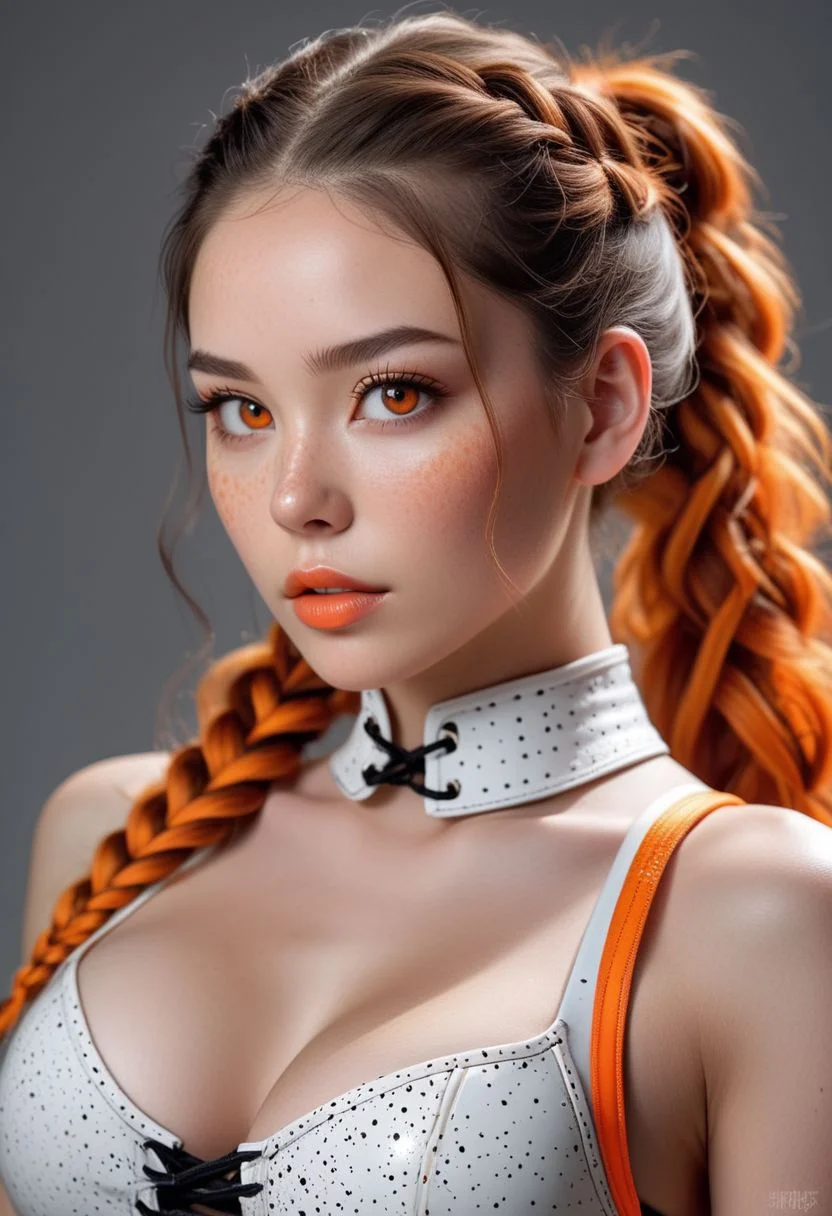 score_9, score_8_up, score_7_up, score_6_up, score_5_up, score_4_up, 1woman, , RAW photo, (freckles:0.8), long braided top ponytail, Brunette hair with orange tips, medium close-up shot front view, White latex corset (busty 44d:1.5), extremely detailed, beautiful detailed neon orange speckled eyes, full lips, almond skin, neutral expression, neutral gray background, studio lighting , in the style of (kyuYong Eom:1.0)