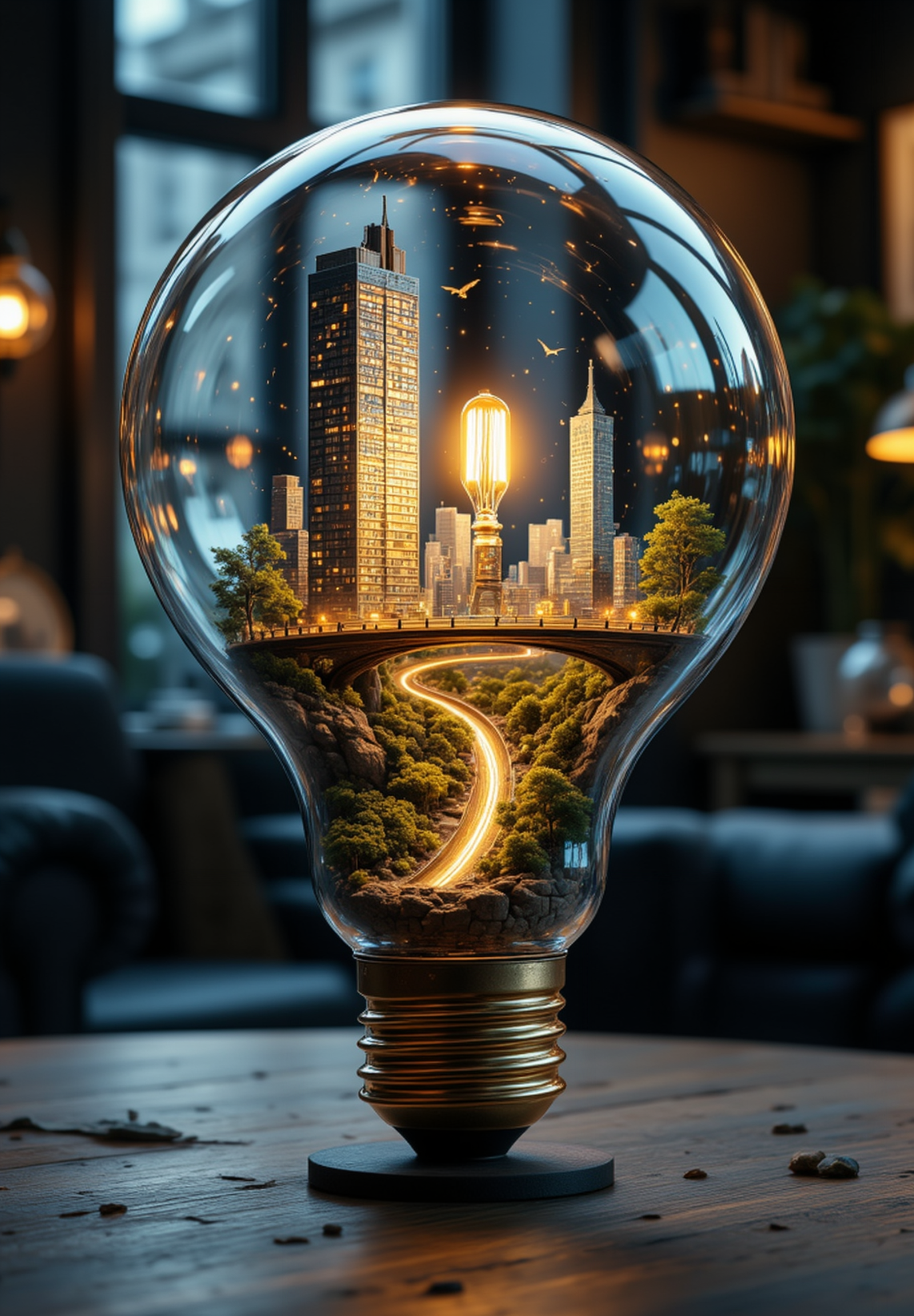 A hyper-realistic, surreal scene of a micro city enclosed within a transparent glass lightbulb. Inside the bulb, the cityscape features two towering skyscrapers made of intricate, detailed glass and steel. Between the skyscrapers, a glowing filament-like suspension bridge spans across, resembling the delicate tungsten wire of the lightbulb, casting a soft, golden light. The city is filled with miniature buildings, trees, and tiny glowing streetlights, creating a bustling yet peaceful urban atmosphere.
The lightbulb sits in the foreground, resting on a dark, polished wooden surface that reflects the warm glow emanating from inside. The background is a dimly lit room, with soft shadows and faint ambient light highlighting the shape of the bulb and adding depth to the scene. Particles of dust are subtly illuminated in the faint light, adding a sense of realism and scale.
The entire composition focuses on the fine textures and intricate details of the micro city, the smooth glass surface of the bulb, and the delicate glow of the filament bridge. High contrast and vibrant colors bring out the fantastical elements, while maintaining a realistic feel, blending a dreamlike quality with ultra-fine details and luxurious textures.
<lora:Flux DetailerV2:0.8>
<lora:aidmaFLUXpro1.1:0.65> aidmafluxpro1.1
<lora:aidmaMJ6.1v0.4:0.6> aidmaMJ6.1