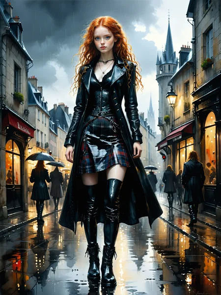 <lora:style-ethereal_grace-xl-by_andreac75:0.4> <lora:midjourney_mimic-xl-by_andrexsel:0.4> <lora:more_artful-xl:0.4> <lora:lyco-style-envydramaticlightingxl01_digital_art-xl:0.4> <lora:envybetterhiresfixxl01-xl:0.0:hr=1.0> famous artwork inspired by (thomas girtin:1.1) and (eugène galien-laloue:1.1), (pencil and watercolor:1.1), a gorgeous 20 year old scottish girl with very long wavy ginger hair in a punk goth outfit, wearing a long black leather coat, plaid skirt, and heavy boots, (walking towards the viewer:1.2) in a beautiful french city with a mix of medieval and modern buildings on a rainy day, perfect hands, (dynamic pose:1.2), rainsoaked street and reflective surfaces, cold-warm contrast, dark, rebellious, sharp focus, dynamic contrasts, dramatic sky, dramatic lighting