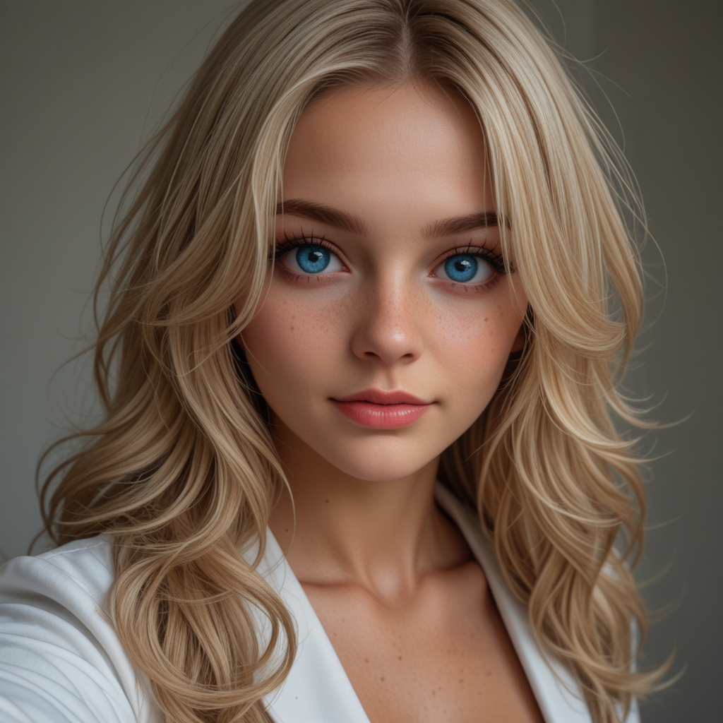 best, masterpiece, Domi with wavy blonde hair and blue eyes, extreme closeup, exotic colorful makeup, model face, model pose, selfie, highly detailed skin texture, freckles, highly detailed photo, professional photograph, dynamic lighting