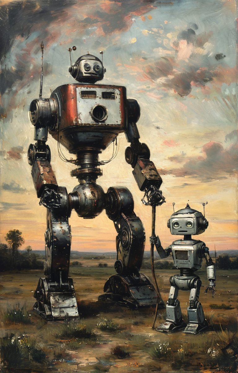 masterpiece,best quality,<lora:tbh291-sdxl:0.9>,illustration,style of Charles-Francois Daubigny portrait of Housework robots