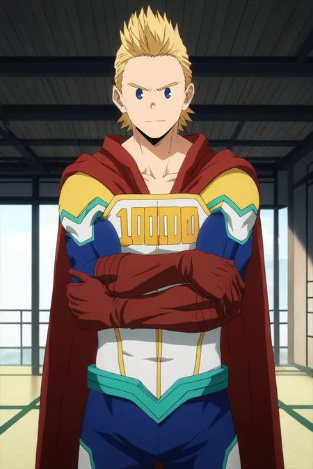 score_9, score_8_up, score_7_up, source_anime, rating_safe, intricate details, (3d:0.4), looking at viewer, , 1boy, solo, male focus, <lora:mirio_toogata_pony:0.82>, mirio_toogata, blonde hair, blue eyes, short hair, spiked hair, bodysuit, superhero, red cape, wide angle, wide shot, cowboy shot, dojo, indoors, arms under breasts, distracted, aloof, oblivious, , <lora:sdxl_lightning_8step_lora:1>
