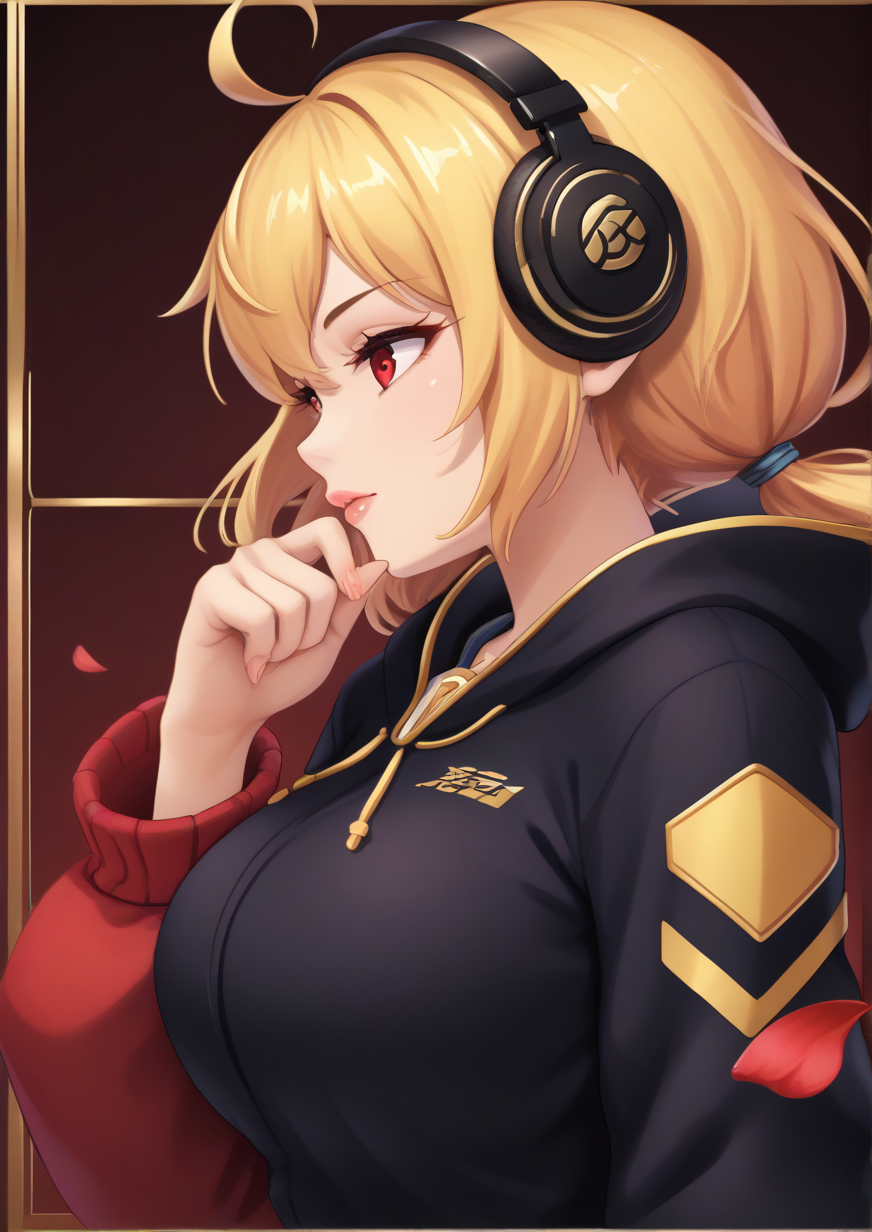 1girl, tanya (king's raid), huge breast, , ahoge, blonde hair, breasts, character name, copyright name, eyelashes, eyeliner, from side, headphones, hood, hood down, lips, looking down, low twintails, makeup, nose, petals, red eyes, short hair, short twintails, signature, solo, twintails, upper body,  handfixer <lora:HandFixer_pdxl_Incrs_v1:1> <lora:Zzo0:0.8>
