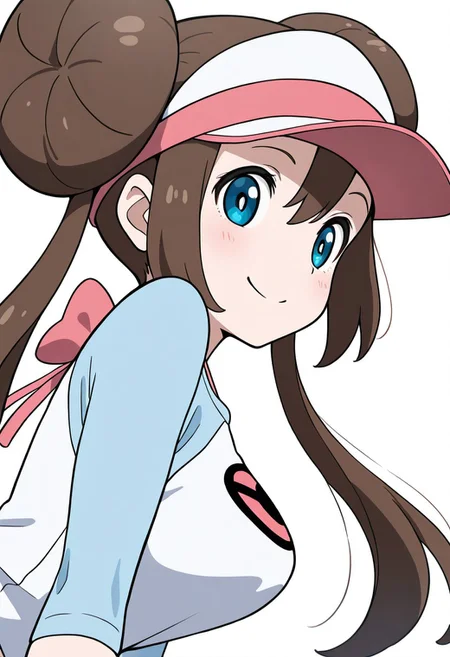masterpiece, best quality, solo, curvy, beautiful eyes, girl, solo, smile, looking at viewer, dynamic pose, from below, (fisheye), foreshortening, close up, (leaning forward, eye focus, side view), anime screenshot,
(upper body), white background,
zzRosa, hair bun, blue eyes, twintails, visor cap, raglan sleeves, shirt, pink bow,