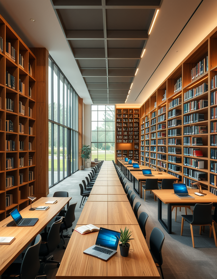 A high-resolution, ultra-realistic photograph of a modern college library interior. The scene showcases a spacious, open-plan design with large floor-to-ceiling windows allowing natural daylight to flood the space. The architectural style is contemporary, featuring minimalist furniture with clean lines: sleek wooden tables, ergonomic chairs in neutral tones (gray and beige), and built-in bookshelves made of light oak wood.
In the foreground, a group of diverse students (varied ethnicities and genders) are quietly studying, some using laptops, others reading books, with focused, calm expressions. One student is sipping coffee from a reusable cup.
The background displays rows of neatly organized books, indoor plants adding a touch of greenery, and modern pendant lights hanging from the ceiling, providing warm, ambient lighting. The floor is covered with soft gray carpet, and large abstract paintings decorate the walls, contributing to a cozy and intellectual atmosphere.
The overall mood is peaceful, studious, and inspiring, with balanced natural and artificial lighting, crisp details, and realistic textures, captured as if by a professional architectural photographer using a full-frame camera.
 <lora:SDXLFaeTastic2400:0.4> <lora:extremely_detailed:0.4> extremely detailed,<lora:modern_c0ll3g3_l1br4ry:1>,modern c0ll3g3 l1br4ry, Masterpiece,best quality,hi res,8k,hi res,8k,award winning,(sharp focus, intricate, highly detailed),
