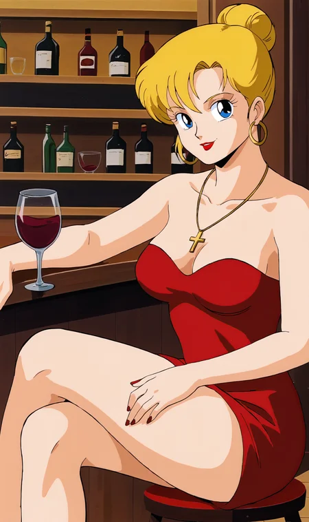 DL, 1girl, solo, retro artstyle, blonde, hair bun, hoop earrings, cross necklace, bar, sitting on bar stool, drinking wine, strapless shiny red dress, red lipstick, smile, looking at viewer, legs crossed, portrait, <lora:Doris Lang Pony XL:0.7>