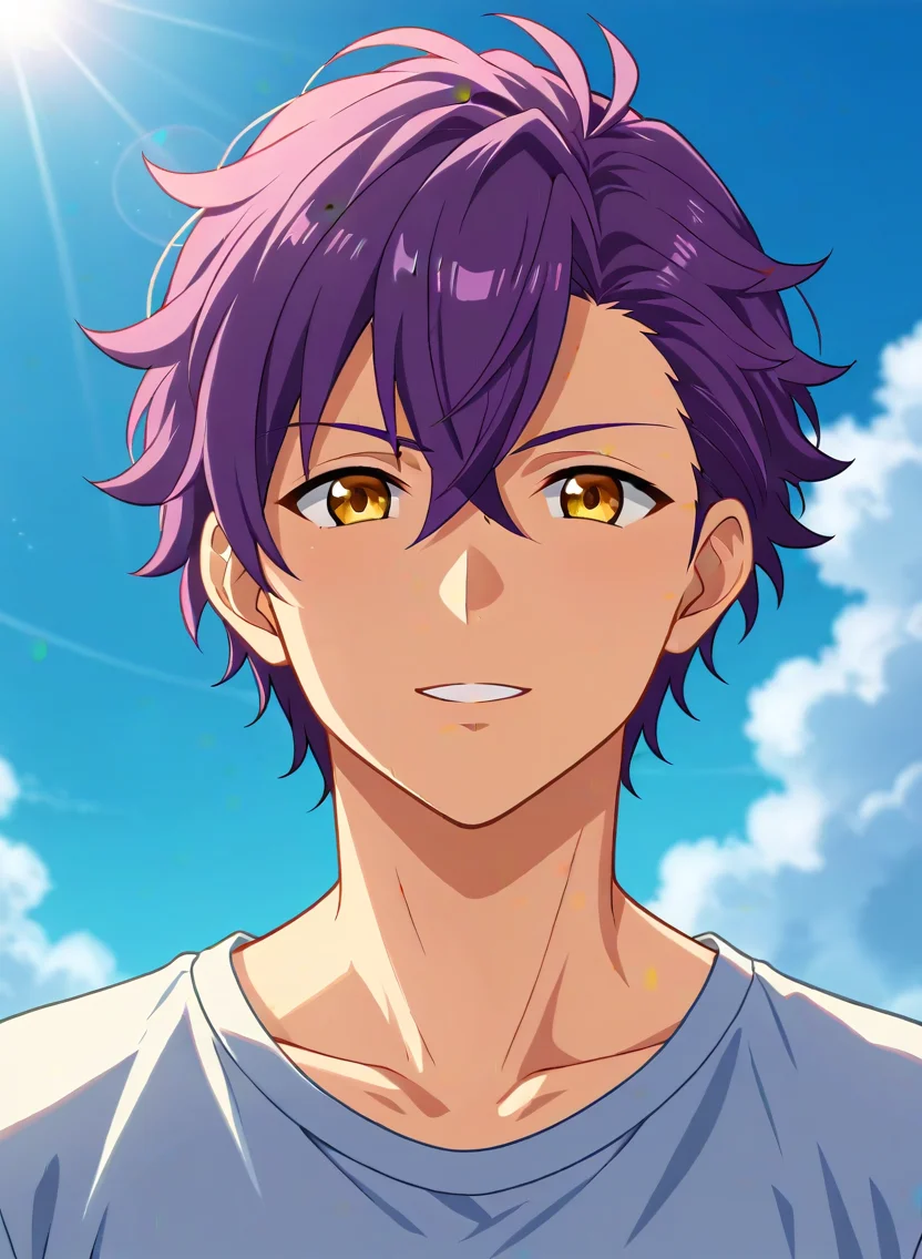 score_9, score_8_up, score_7_up, original style, source_anime, anime screencap, rating_safe, depth of field, BREAK,
1boy, solo, yaoi, male focus, cowboy shot,
<lora:otogari_adonis_pony:1> otogari_adonis_pony, purple hair, amber eyes, short hair, hair between eyes, messy hair, happy,
casual, legs, looking at viewer, facing viewer, sky, day, light rays,
<lora:sdxl_lightning_8step_lora:1> <lora:xl_more_art-full_v1:1> <lora:Pony_DetailV2.0:1> <lora:Pony_QualityV4.0:1>