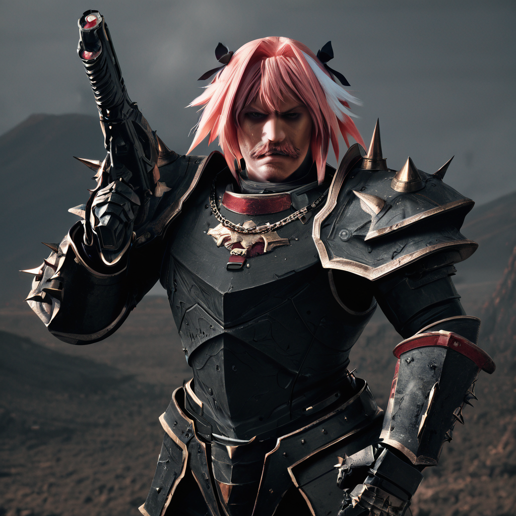 sfw, masterpiece, best quality,absurderes,source_photo,cinematic,realistic,photo,cropped,upper body, 1man,solo,astolfo \(fate\),pink hair,hair ribbons,chaos space marine power armor,mustache,annoyed,outdoors,volcano,holding gun,manly,spiked pauldrons,spiked armor,  <lora:Reallustrious_Beta:0.8>