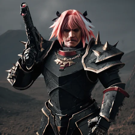 sfw, masterpiece, best quality,absurderes,source_photo,cinematic,realistic,photo,cropped,upper body, 1man,solo,astolfo \(fate\),pink hair,hair ribbons,chaos space marine power armor,mustache,annoyed,outdoors,volcano,holding gun,manly,spiked pauldrons,spiked armor, <lora:Reallustrious_Beta:0.8>